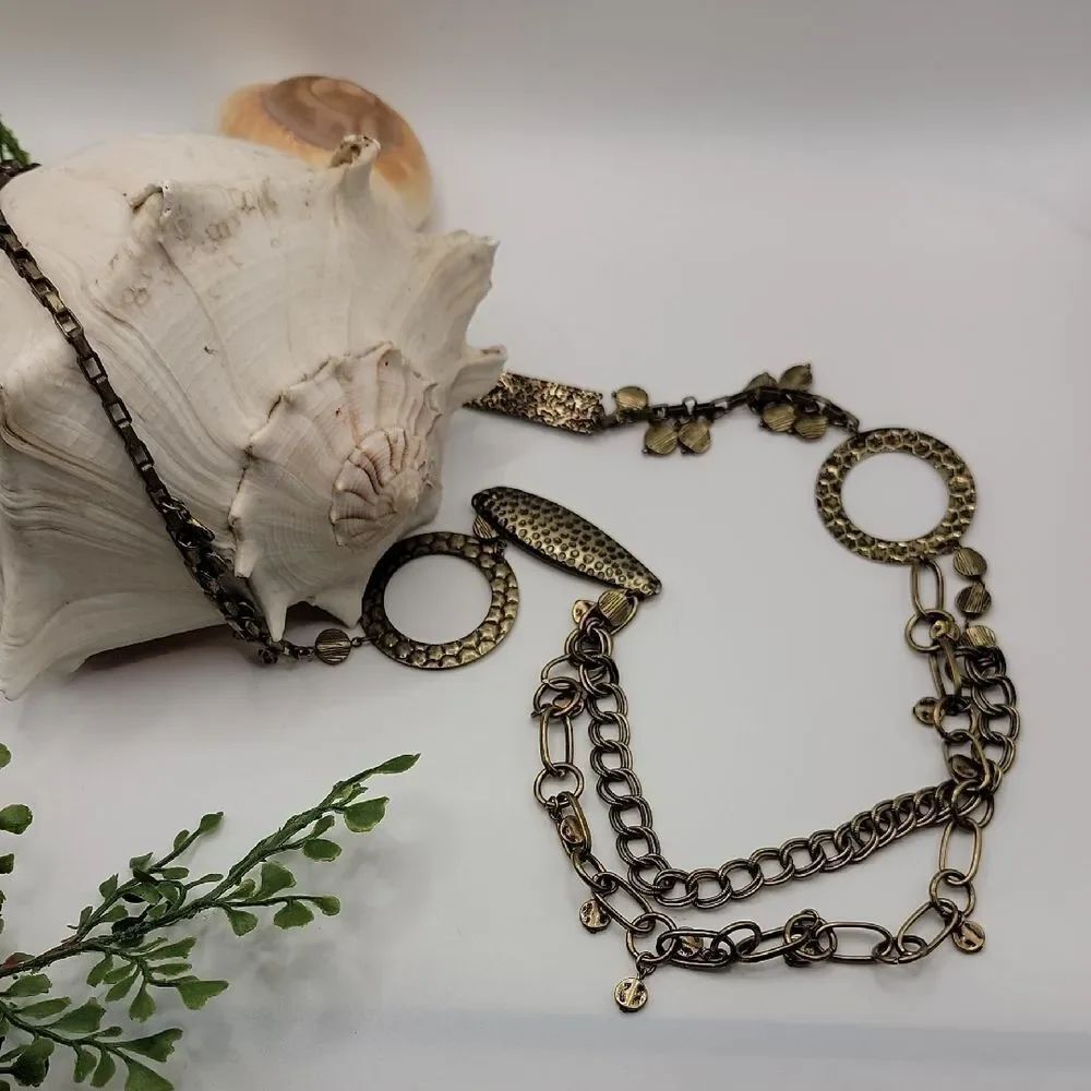 Chicos Statement Necklace Hammered Brass With Loops 36" - 40"